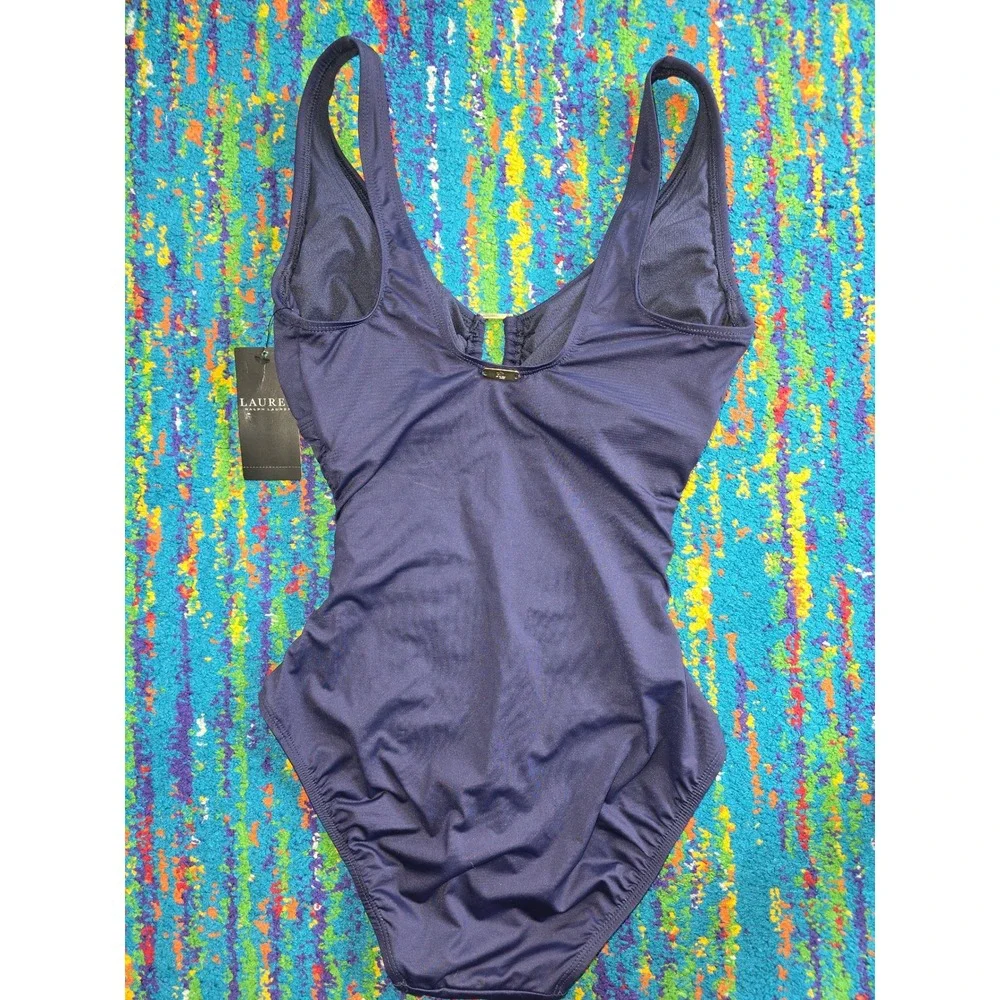 NWT Lauren Ralph‎ Lauren One Piece Swimsuit Navy Blue Ruched Underwire  Size 4
